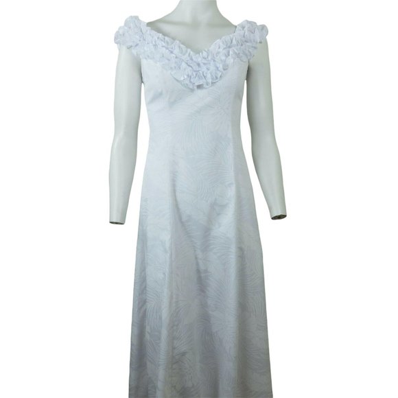 Vintage Princess Kaiulani Hawaiian Wedding Dress 2 Long White on White Floral - Picture 2 of 12